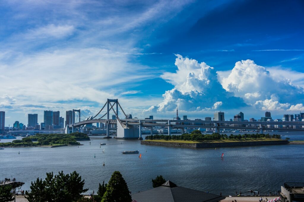 Odaiba waterfront with Tokyo Bay and Rainbow Bridge view