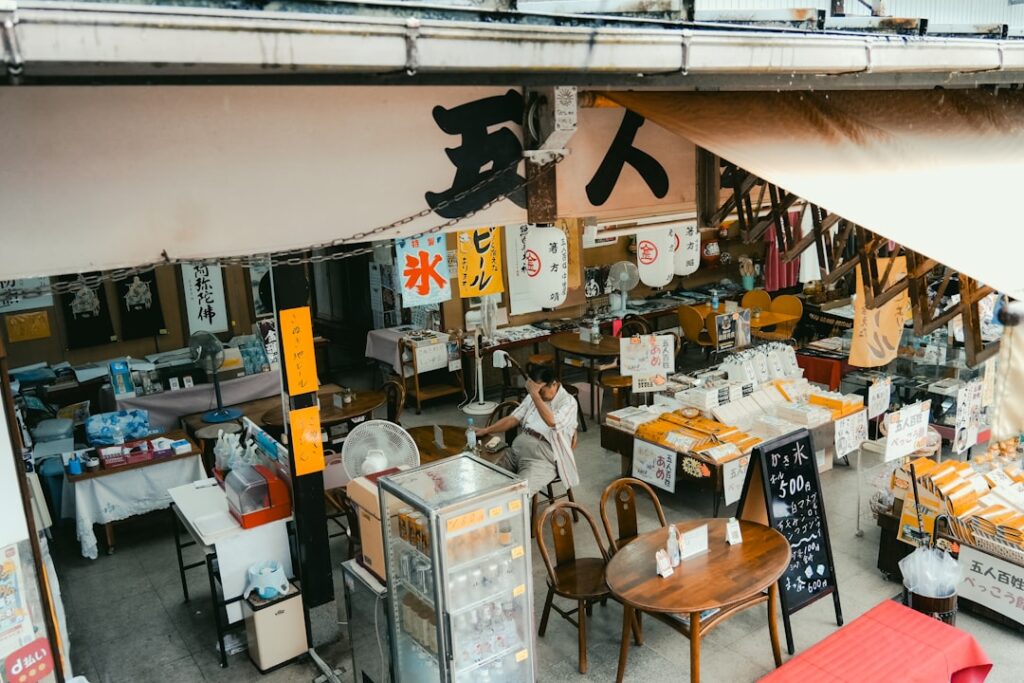 An old-fashioned Japanese shop selling traditional snacks and drinks