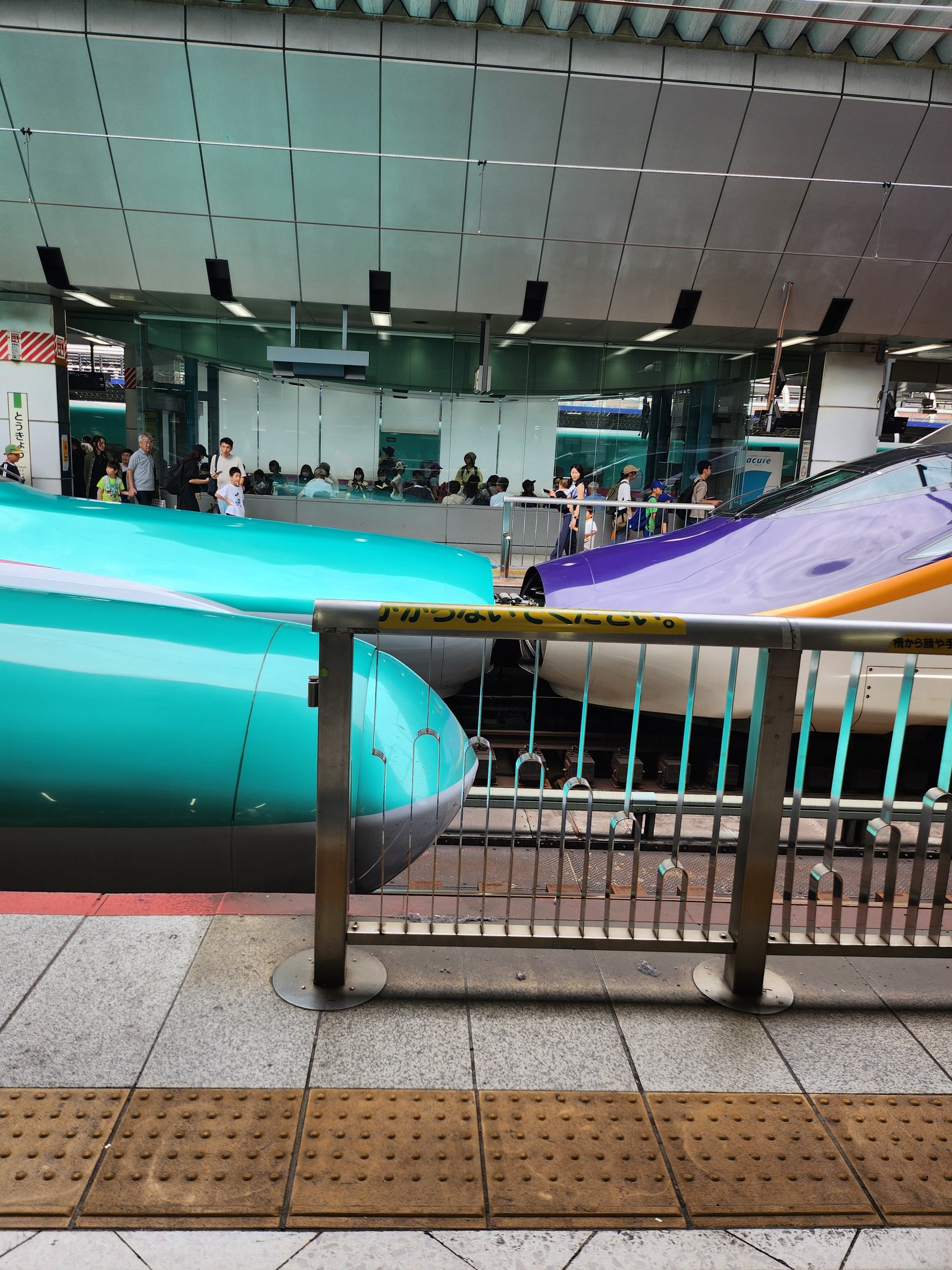 Multiple Shinkansen bullet trains lined up at a station platform in Tokyo.