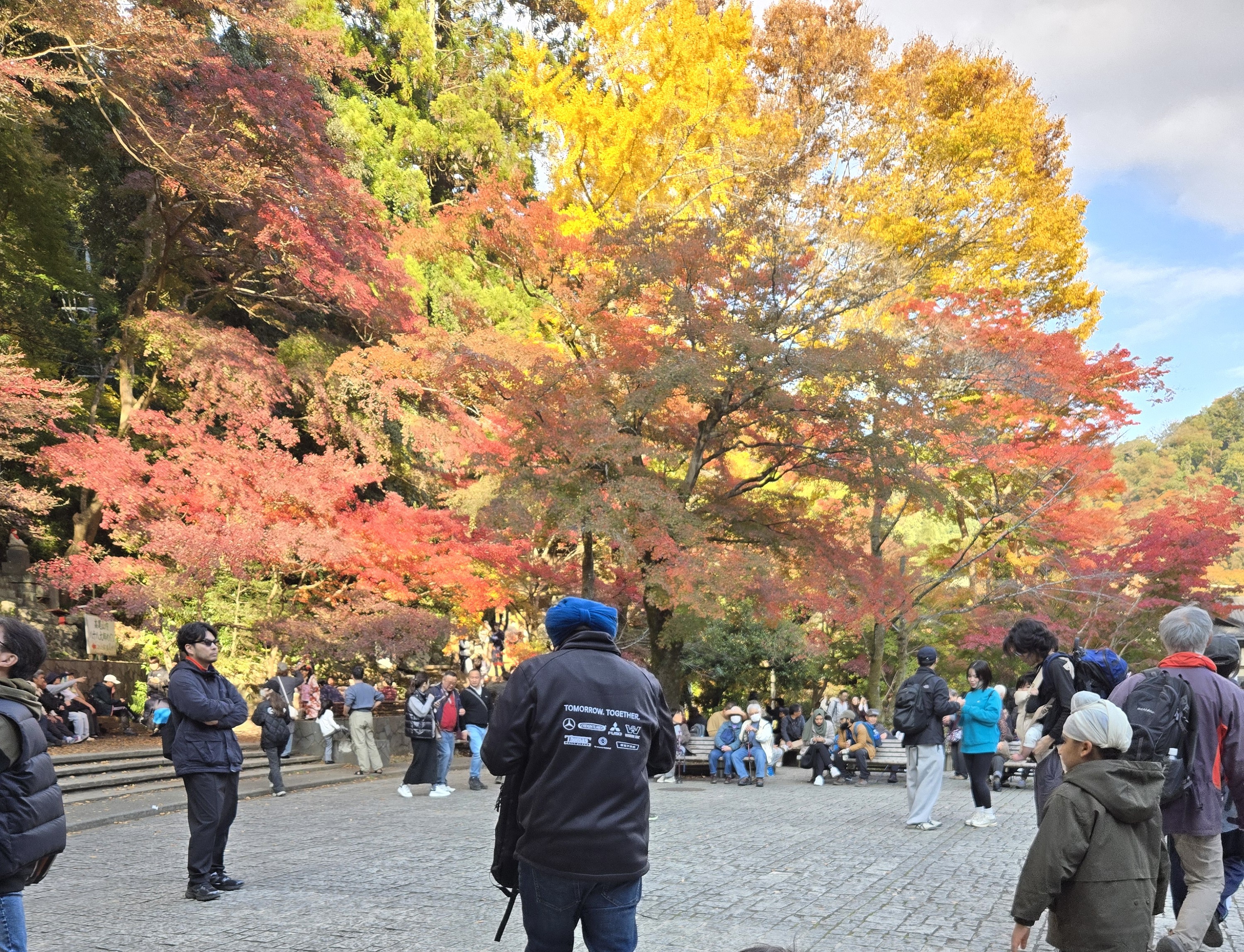 A crowd of visitors gathered beneath a large maple tree in full red, orange, and yellow autumn color at the plaza by Mount Takao's Takaosan Station.
