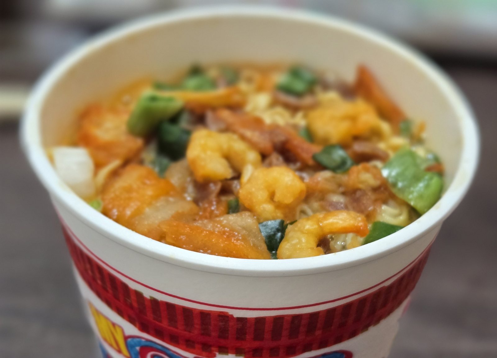 Our custom cup from the My CUPNOODLES Factory, prepared at home, with shrimp, green pepper and other toppings.